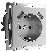 Розетка с заземлением +2хUSB тип A+A без рамки Werkel 1-м. шторки серебряный глянцевый картинка